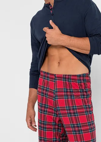 Pijama cu mâneci lungi, cu bandă de nasturi, din bumbac 100% • bleumarin/alb/roșu/verde cadrilat • magazin bonprix