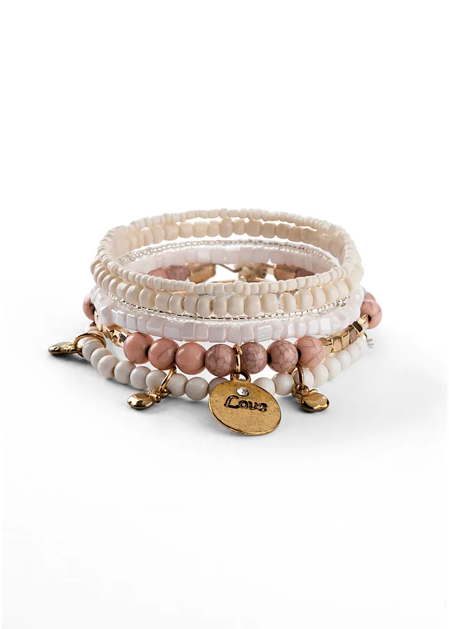 Lot de 6 bracelets à breloques • crème-rose-couleur or rose • Boutique bonprix