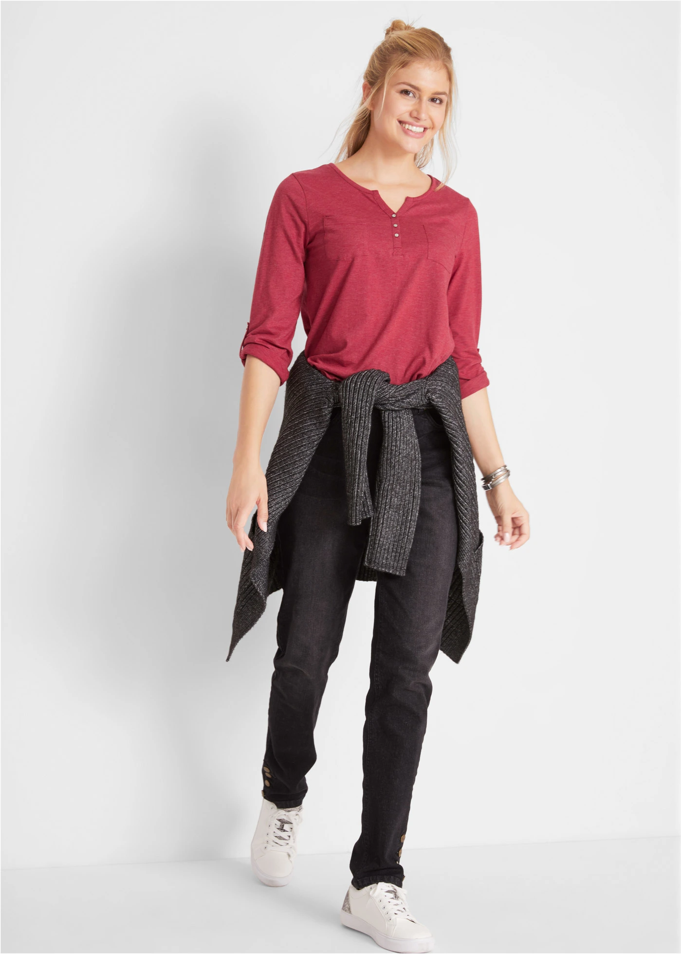 Bluză henley cu bumbac cu fentă de nasturi • roșu amurg melanj • magazin bonprix