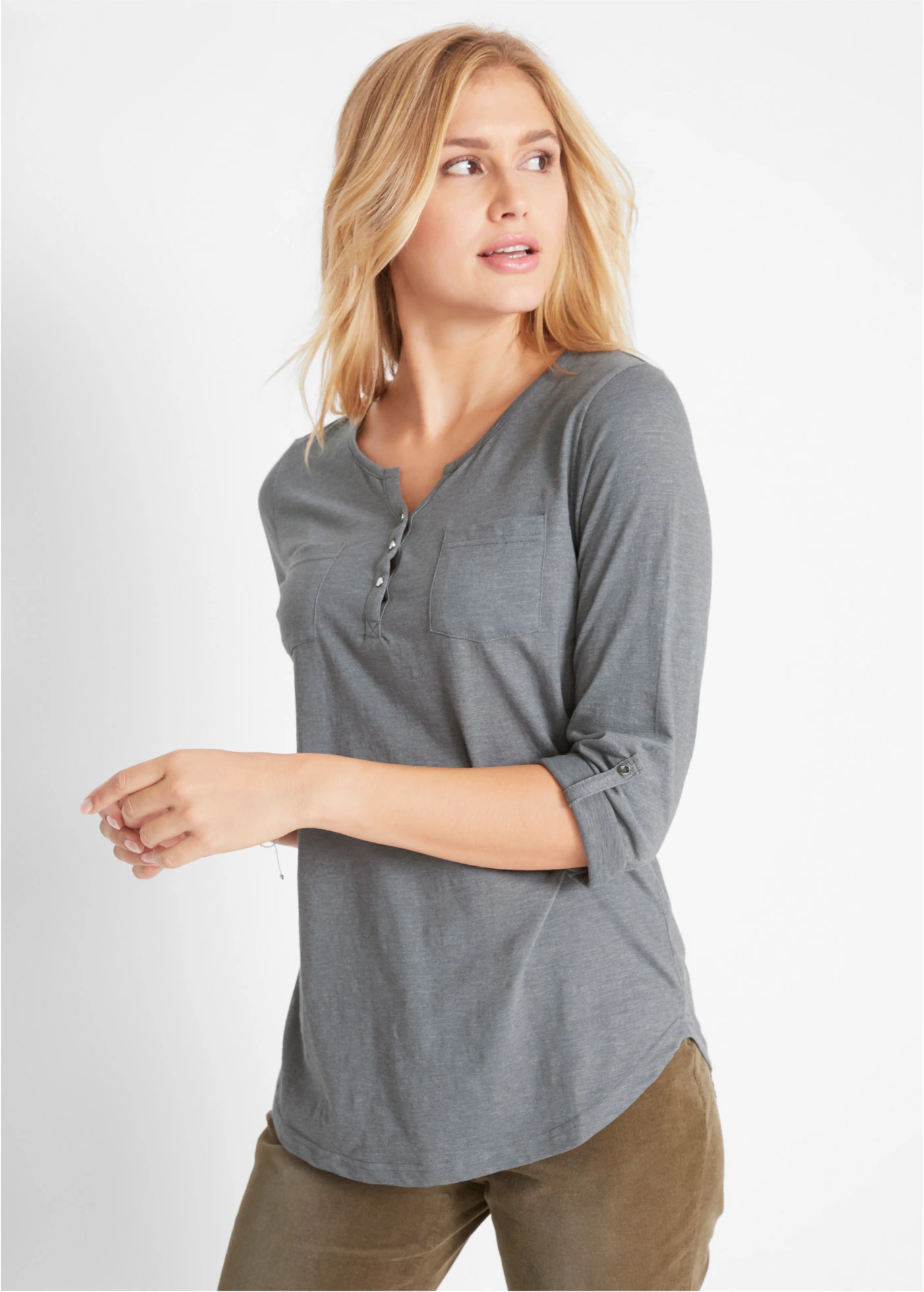 Bluză henley cu bumbac cu fentă de nasturi • gri fumuriu melanj • magazin bonprix