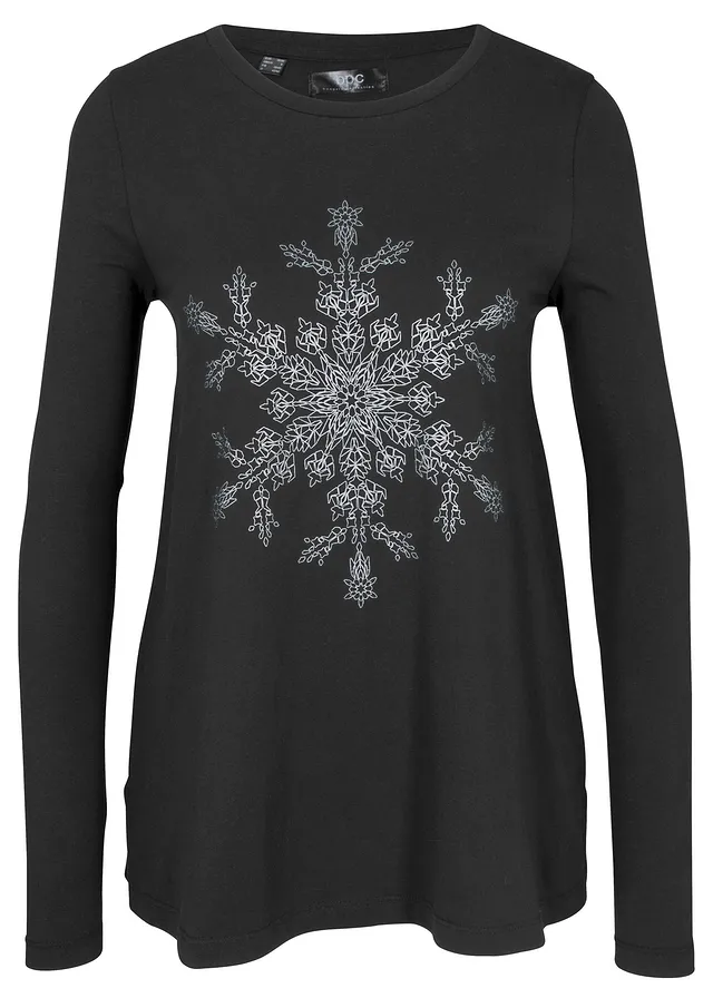 T-shirt manches longues coton à imprimé flocon de neige métallique • noir-argenté métallisé • Boutique bonprix