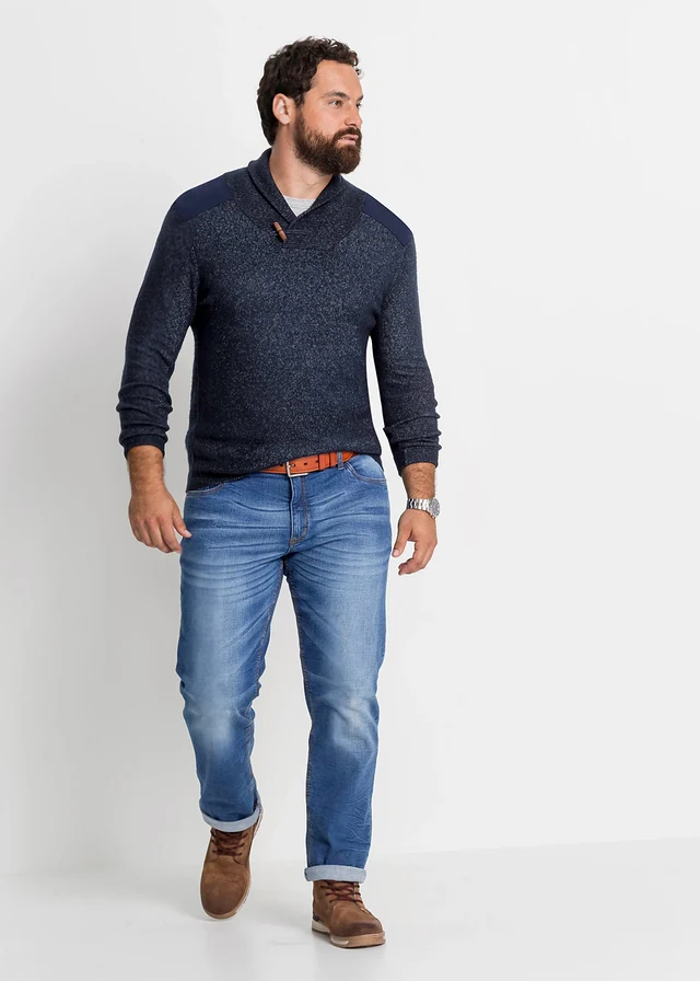 Pull en fine maille à col châle, Couleur: bleu foncé chiné