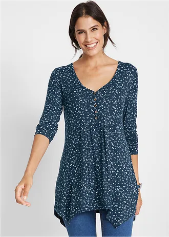 Puntig toelopend jersey shirt, halflange mouw, Kleur: donkerblauw gebloemd