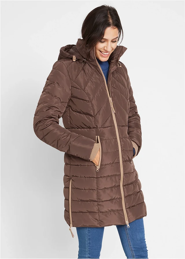 Lange, gewatteerde jas, Kleur: bruin