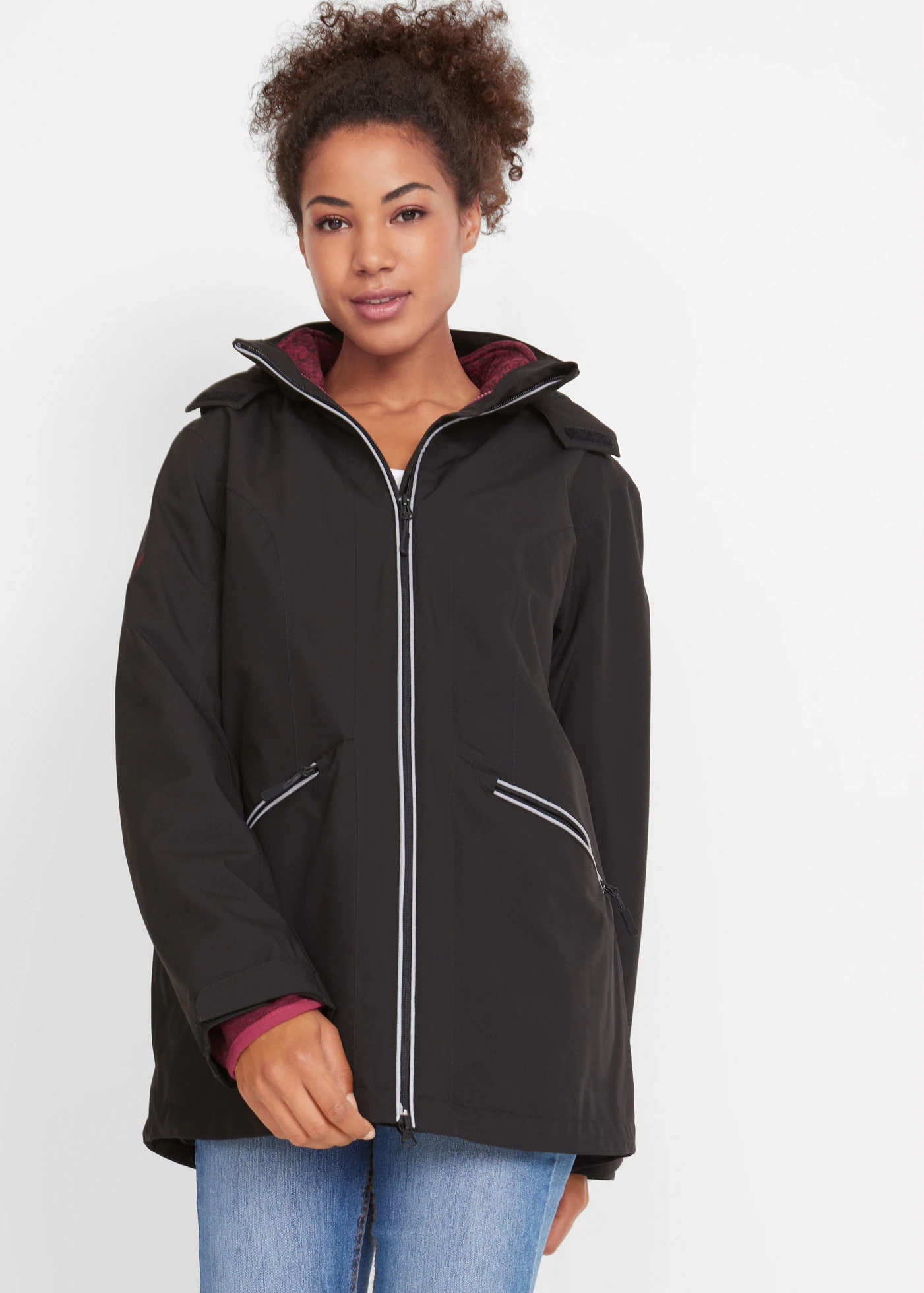 Geacă funcțională 3 în1 cu jachetă interioară din fleece • negru-roșu-azalee • magazin bonprix