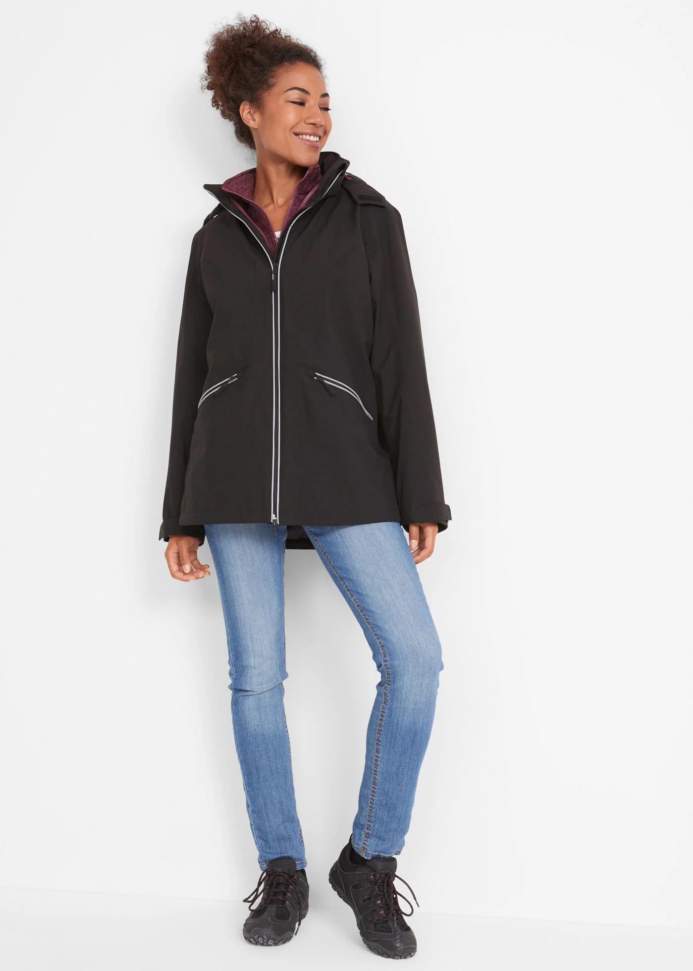 3-in-1 outdoorjas met fleece binnenjas • zwart-rododendronrood • bonprix online shop