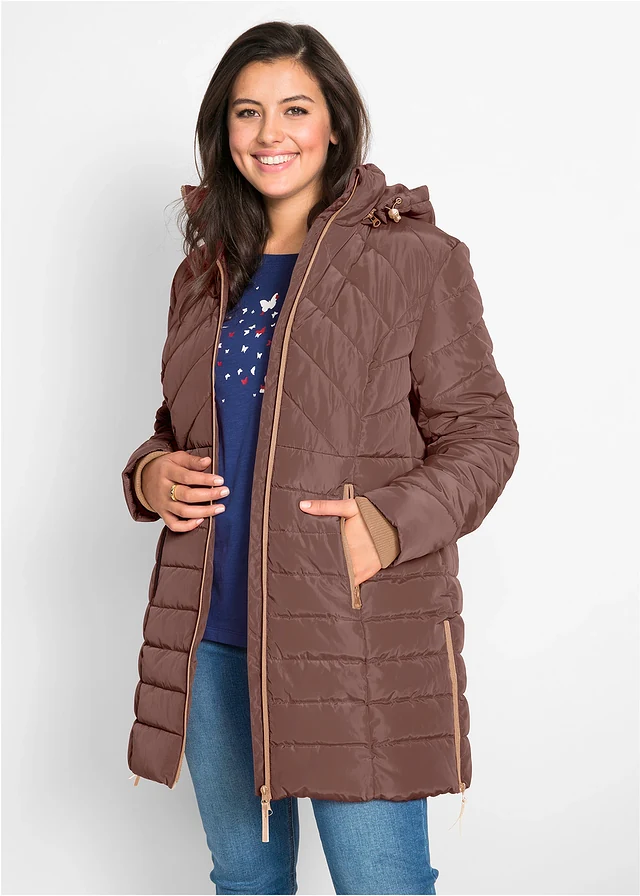 Lange, gewatteerde jas, Kleur: bruin