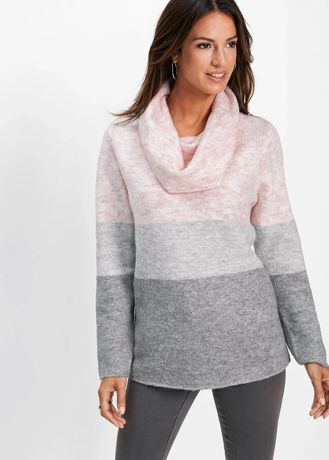Pull à col roulé, Couleur: rose dragée/gris chiné rayé