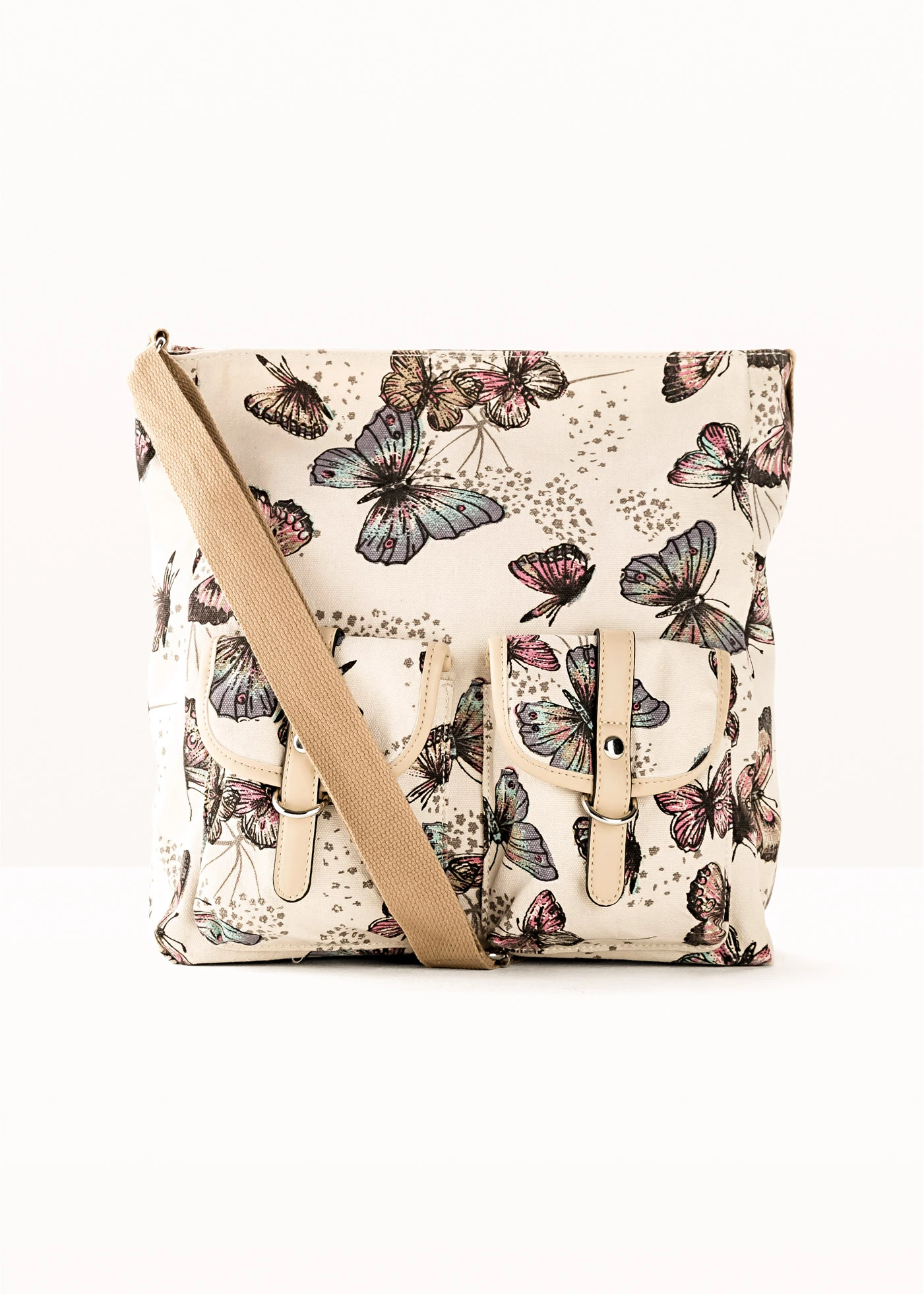Stoffen schoudertas met vlinderprint • beige gedessineerd • bonprix online shop