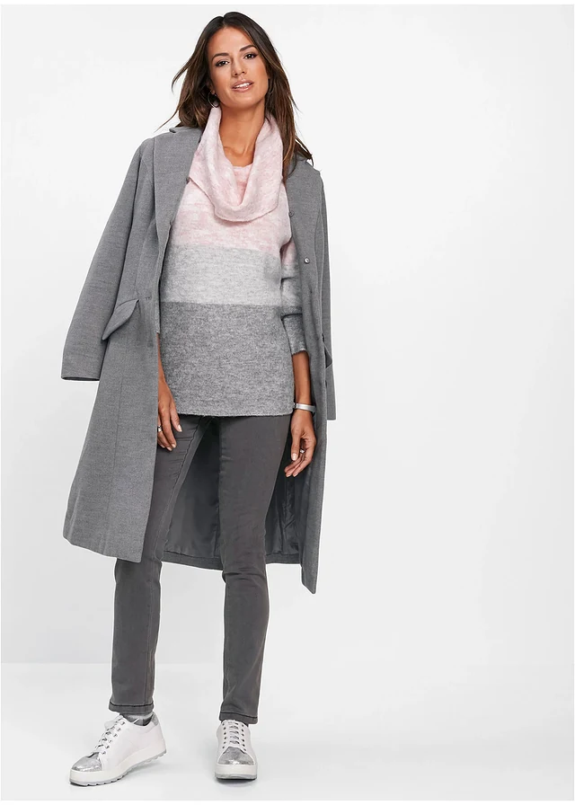 Pull à col roulé, Couleur: rose dragée/gris chiné rayé