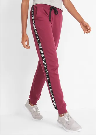 Sweatpants met tapes en statement print, Kleur: rododendronrood