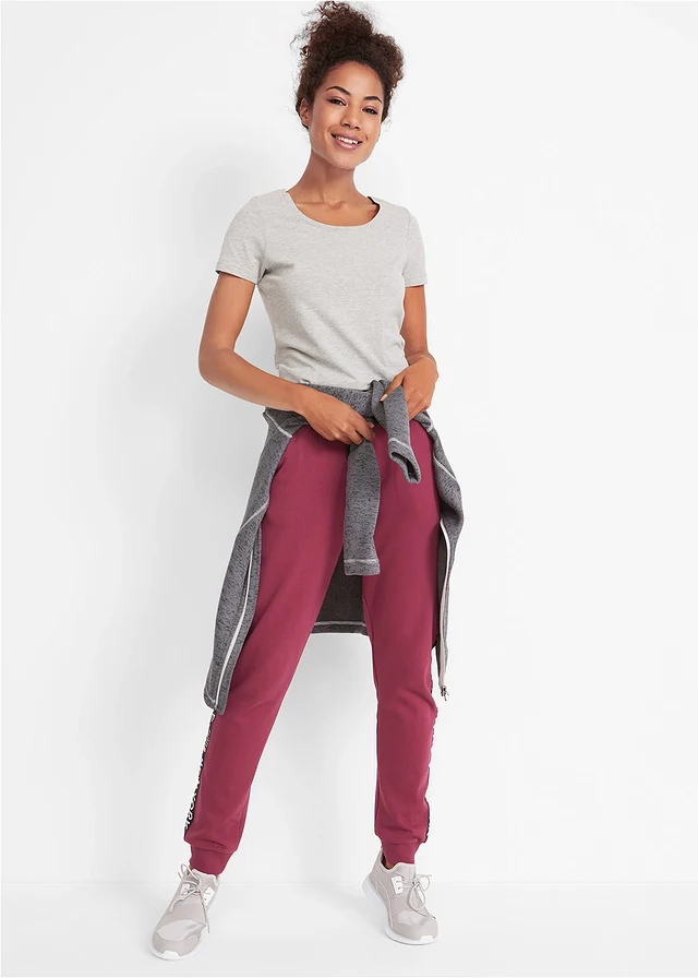 Sweatpants met tapes en statement print, Kleur: rododendronrood