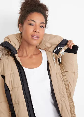 Krátký outdoorový kabát s umělou kožešinou, voděodolný • béžovo-černá • bonprix obchod