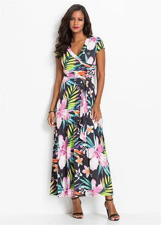 Robe longue style portefeuille • noir/vert/rose floral • Boutique bonprix