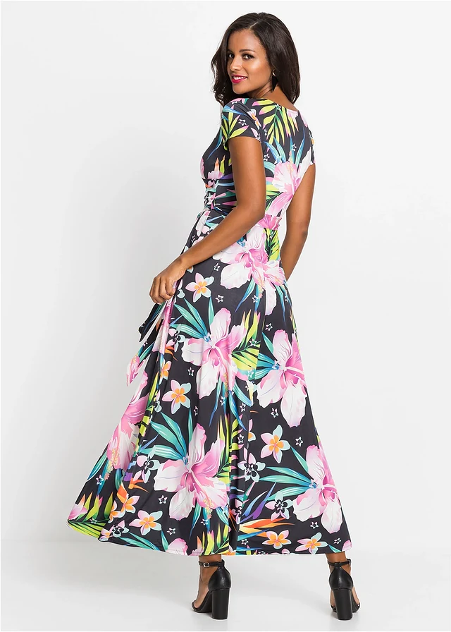 Maxi jurk in wikkellook, Kleur: zwart-groen-pink gebloemd