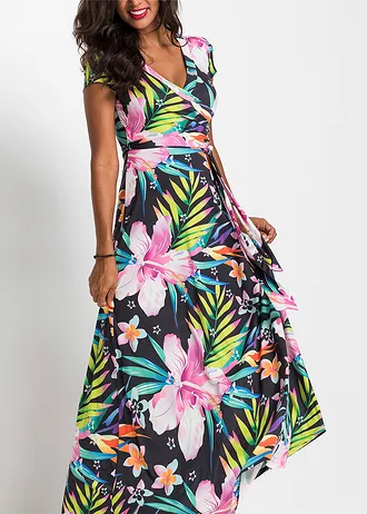 Robe longue style portefeuille • noir/vert/rose floral • Boutique bonprix