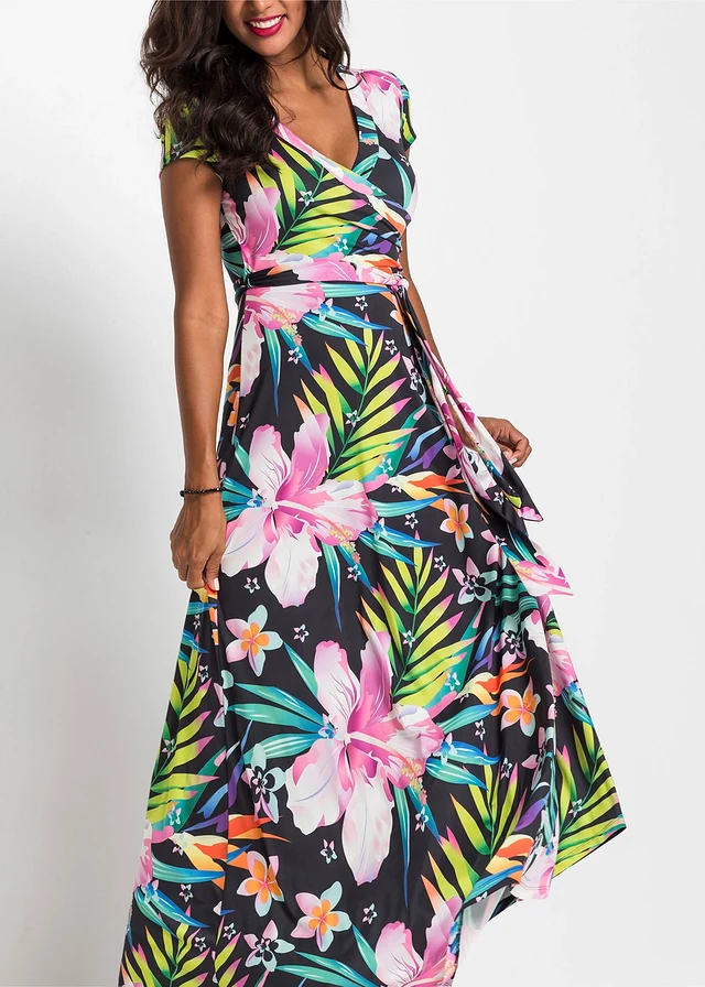 Maxi jurk in wikkellook • zwart-groen-pink gebloemd • product-page.page-title-suffix
