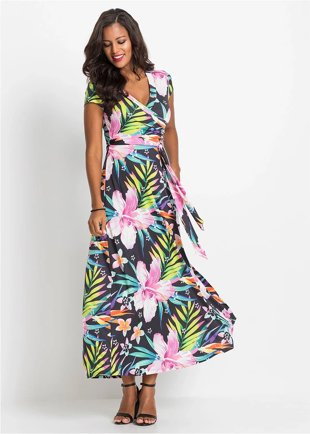 Maxi jurk in wikkellook, Kleur: zwart-groen-pink gebloemd