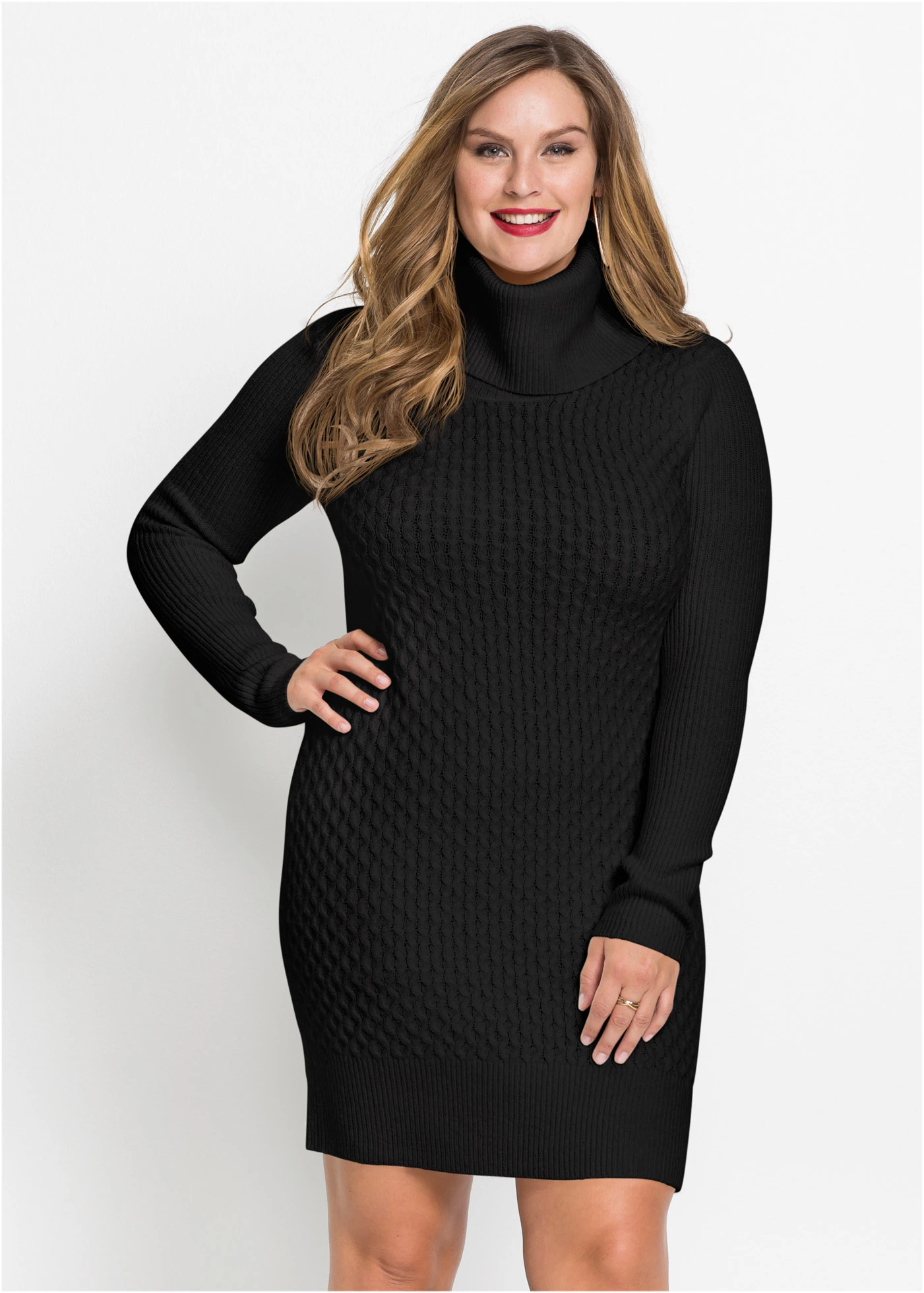Accentuerende, gebreide jurk met col • zwart plus size • bonprix online shop