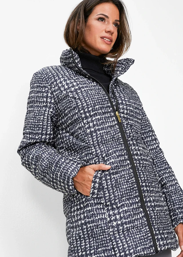 Lange gewatteerde jas • zwart-kiezelbeige geruit • product-page.page-title-suffix