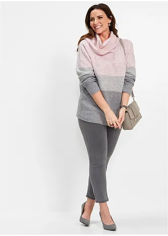 Svetr s rolákovým límcem, barva: světle růžovo-šedý melír s pruhy