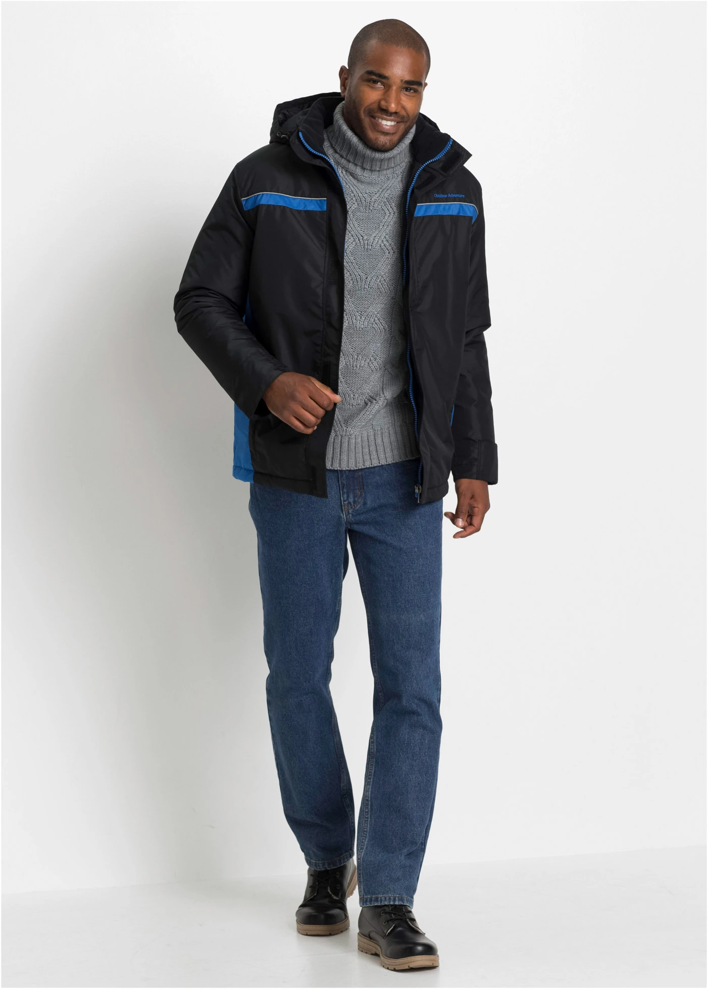 Parka imperméable en matière technique à capuche amovible • noir - bleu azur • Boutique bonprix