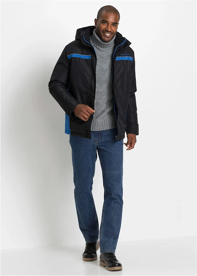 Waterdichte outdoor jas met afneembare capuchon, Kleur: zwart - azuurblauw