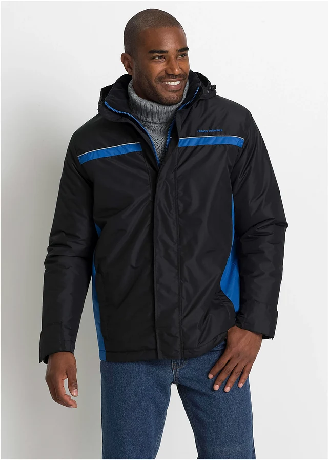 Waterdichte outdoor jas met afneembare capuchon, Kleur: zwart - azuurblauw
