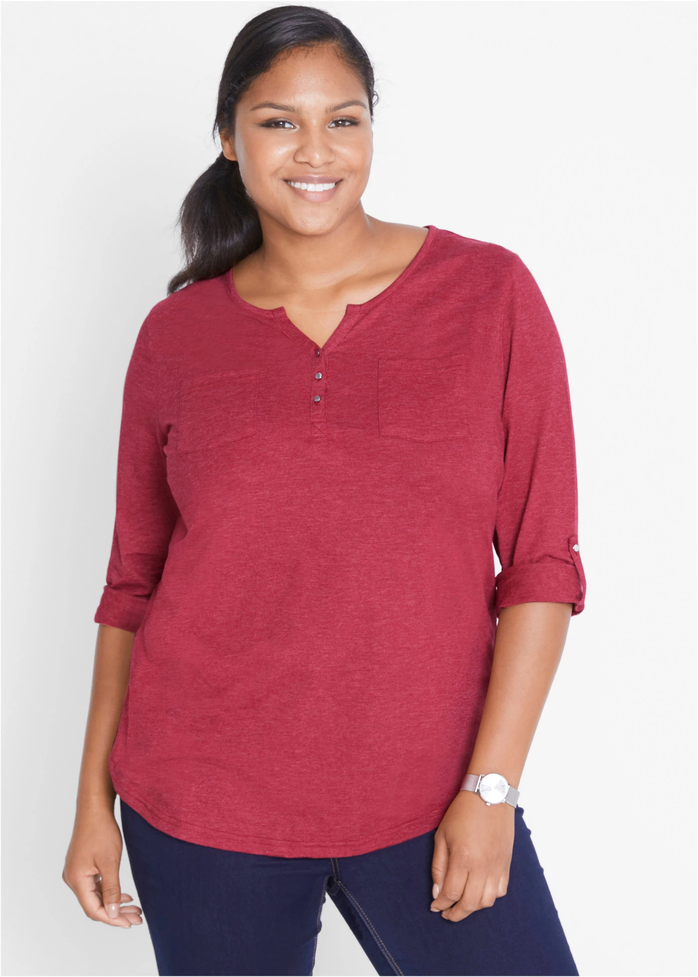 Katoenen Henley shirt met knoopsluiting • avondrood gemêleerd plus size • bonprix online shop