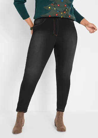 High waist thermo jegging van licht en elastisch materiaal met comfortband, Kleur: zwart denim