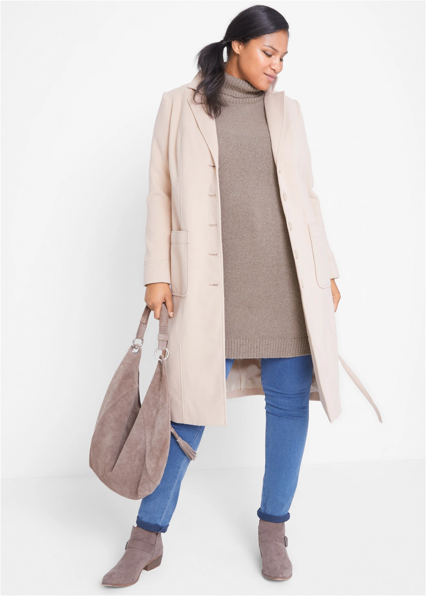 Lange trui met col • taupe plus size • bonprix online shop