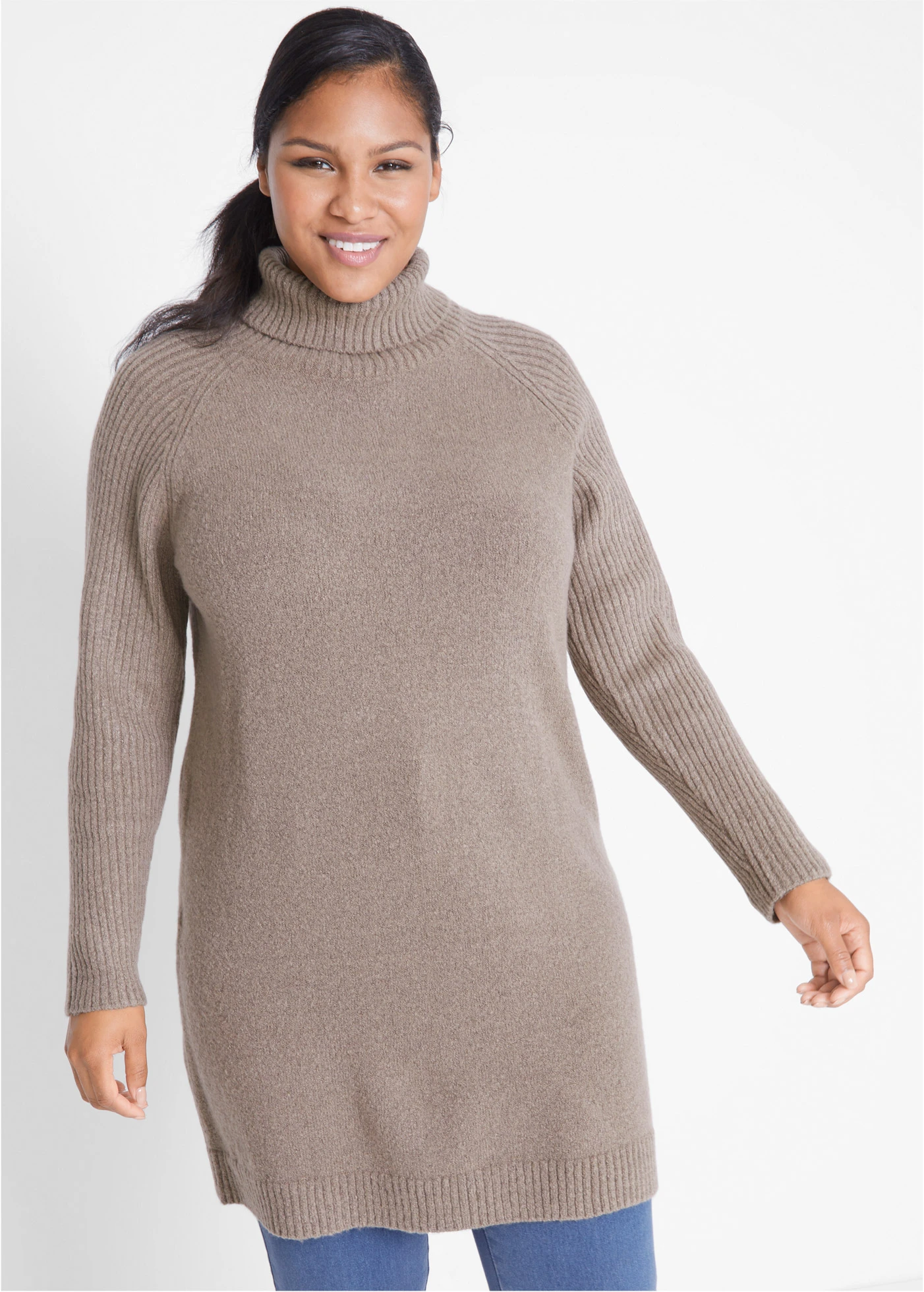 Lange trui met col • taupe plus size • bonprix online shop