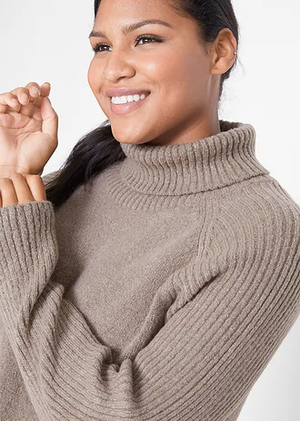 Lange trui met col • taupe plus size • bonprix online shop