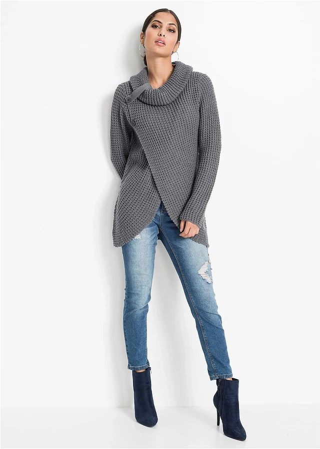 Pull en grosse maille, Couleur: gris foncé chiné