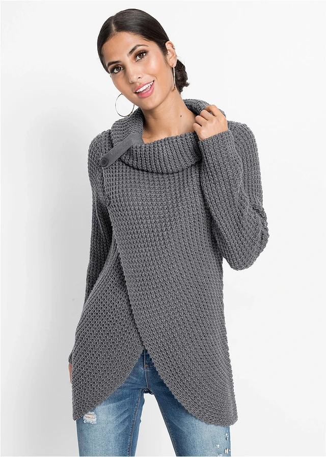 Pull en grosse maille, Couleur: gris foncé chiné