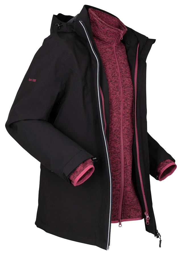 Veste outdoor technique 3en1 avec gilet intérieur en maille polaire, Couleur: noir/rhododendron