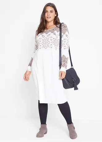 Gebreide jurk met Noors patroon, Kleur: wolwit - natuursteen - middenbruin - mat bessen