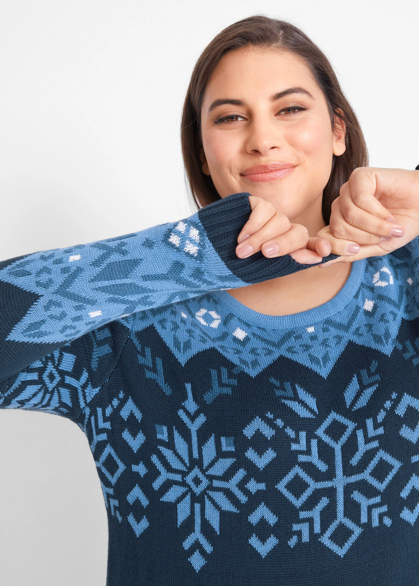 Robe en maille à motif norvégien • écru - marron clair - gris moyen - prune mat plus size • Boutique bonprix