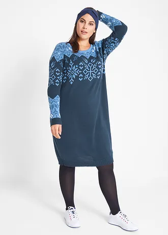 Gebreide jurk met Noors patroon, Kleur: donkerblauw gedessineerd