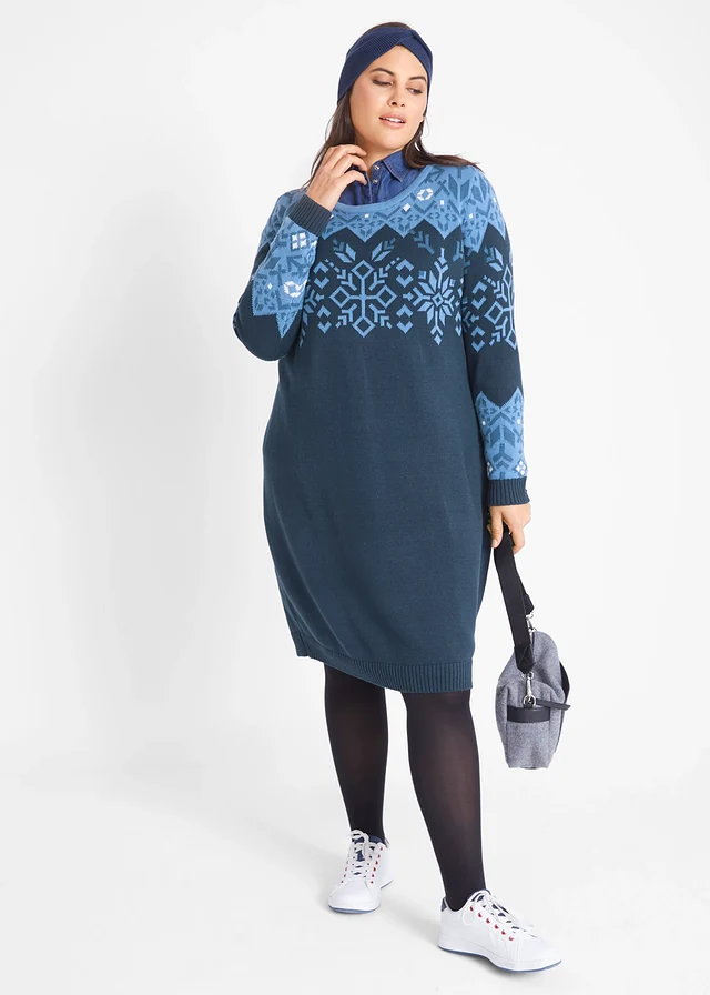 Gebreide jurk met Noors patroon • wolwit - natuursteen - middenbruin - mat bessen plus size • bonprix online shop