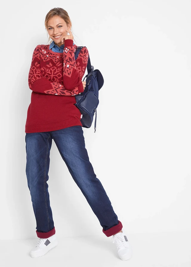 Jean droit taille mi-haute, thermique, Couleur: bleu foncé used