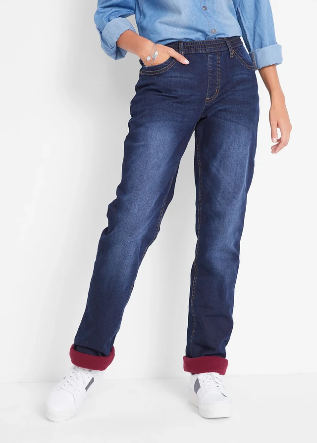 Jean droit taille mi-haute, thermique, Couleur: bleu foncé used
