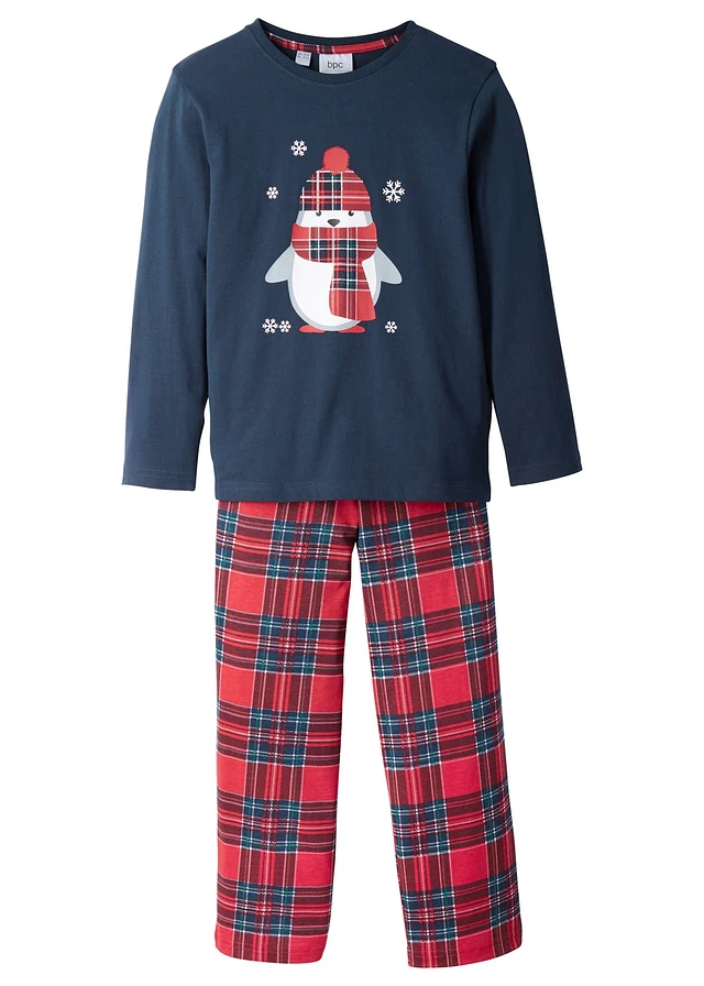 Pijama din bumbac organic 100%, pentru copii (set/2 buc.), culoare: bleumarin cadrilat