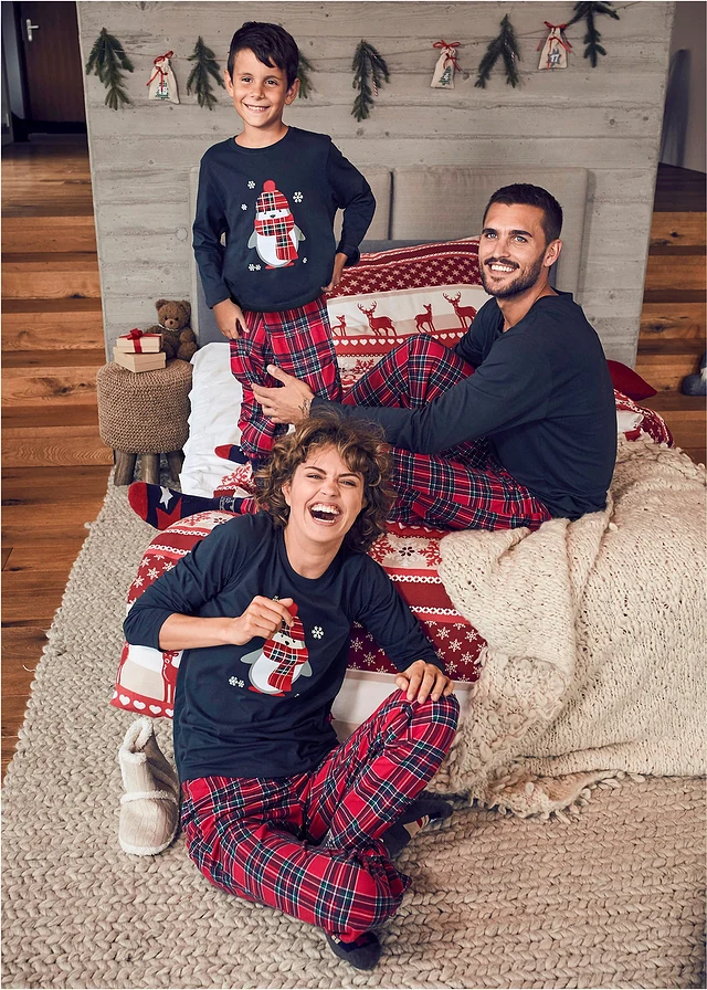Pijama din bumbac organic 100%, pentru copii (set/2 buc.), culoare: bleumarin cadrilat