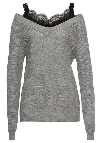 Ajour trui met kant • grijs gemêleerd • bonprix online shop