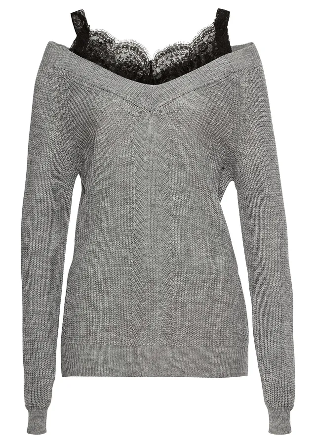 Ajour trui met kant • grijs gemêleerd • bonprix online shop