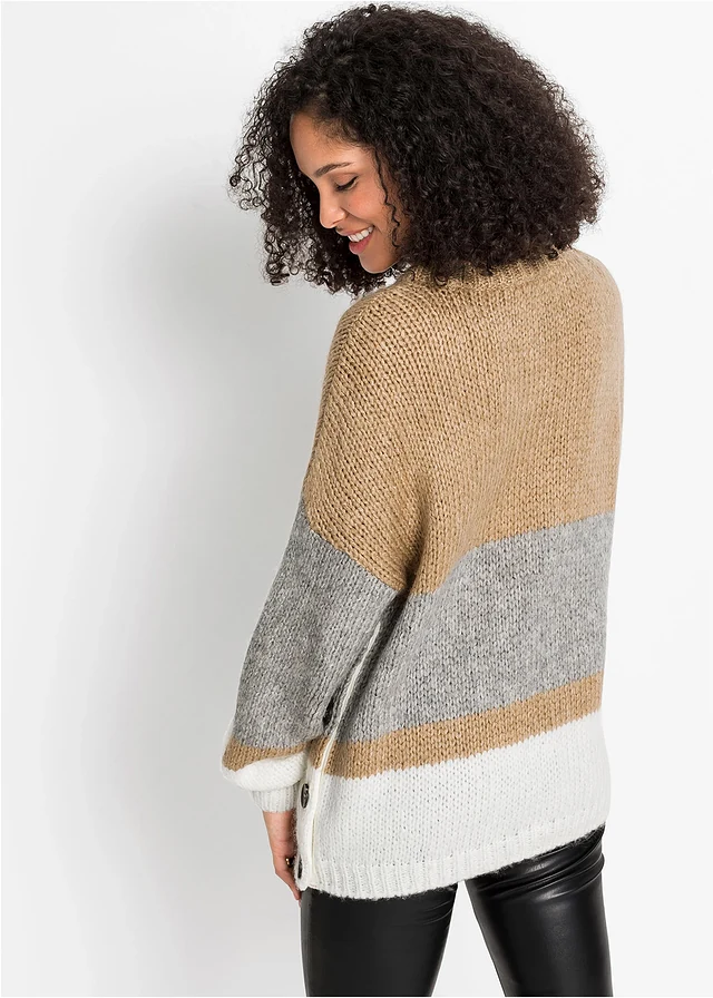 Oversized trui met strepen en knoopjes, Kleur: beige-lichtgrijs gemêleerd-wit