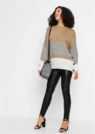Pruhovaný oversized pulovr s knoflíky • béžovo-bílo-světle šedý melír • bonprix obchod
