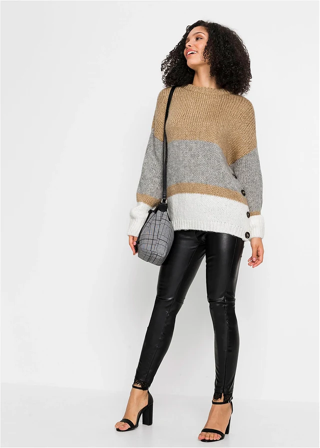 Oversized trui met strepen en knoopjes, Kleur: beige-lichtgrijs gemêleerd-wit