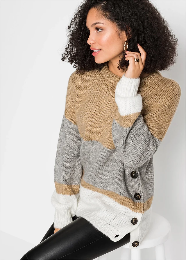 Oversized trui met strepen en knoopjes, Kleur: beige-lichtgrijs gemêleerd-wit